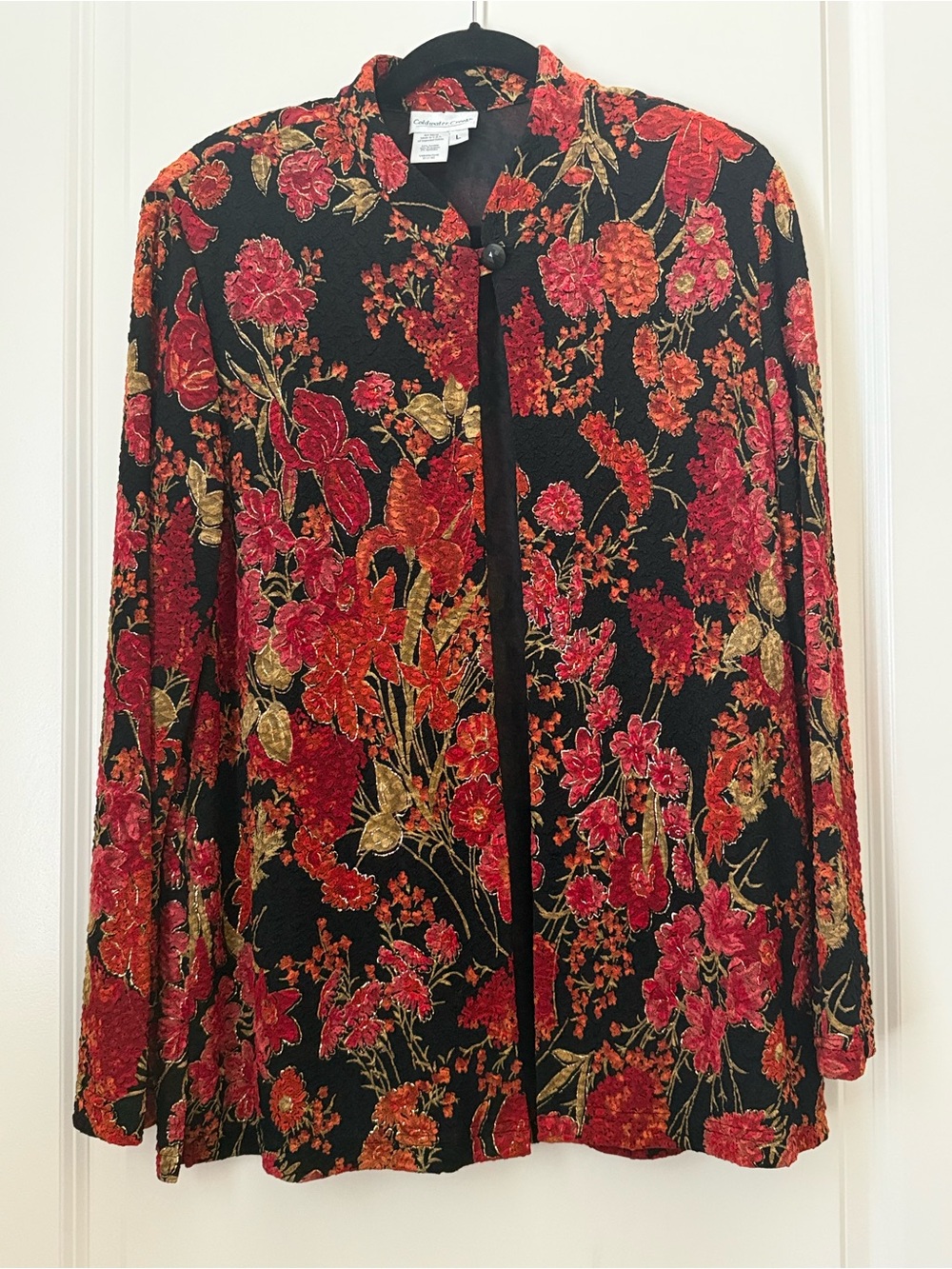 Coldwater Creek Jacket Burgundy and Rust on Black with Metallic Floral Accent L